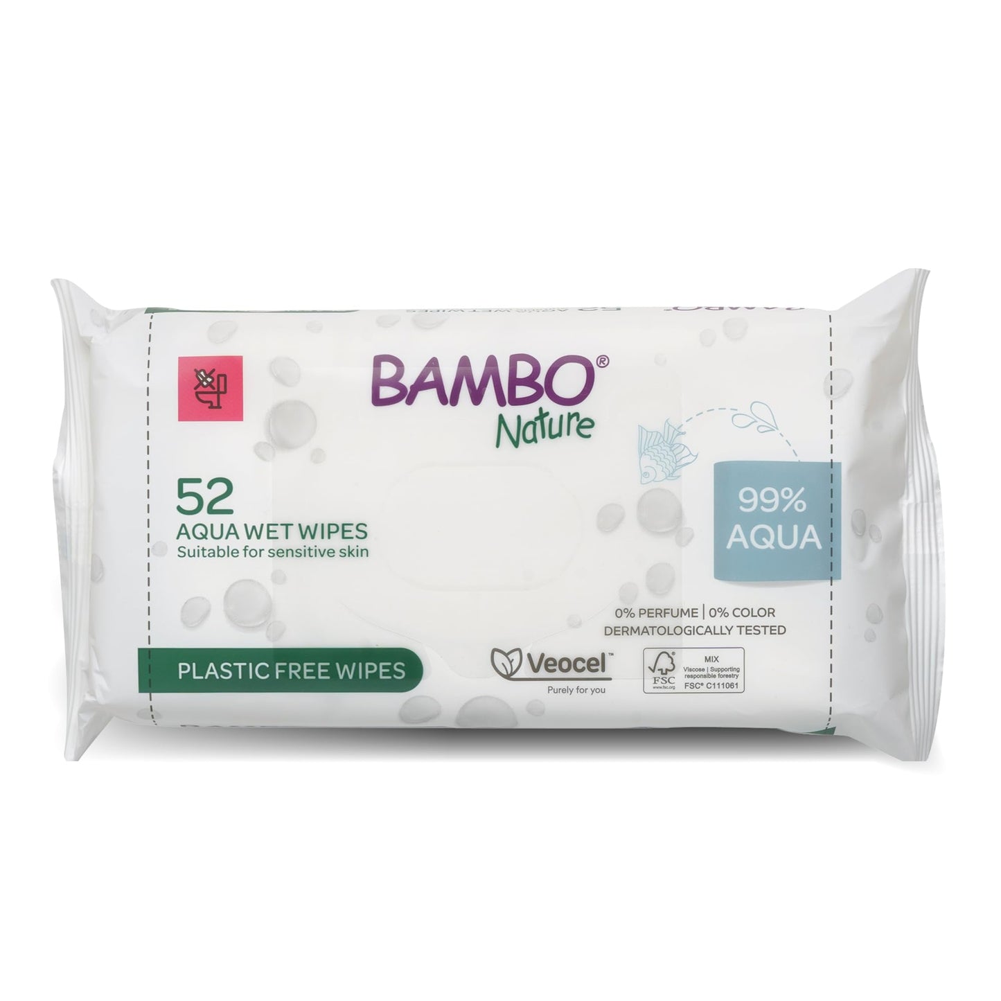 Bambo Nature Aqua Wet Wipes, 1 Pack (52 Wipes), 99% Water, Sensitive Skin Safe, Extra Soft Baby Wipes with 100% Veocel Viscose, Irritation Free for Delicate Skin, Fragrance Free, Ideal for Daily Use