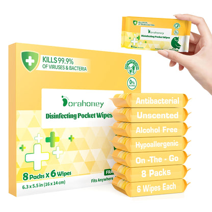 Dorahoney Mini Antibacterial Wet Wipes Travel Size, Pocket Hand Wipes, Alcohol Free, Hypoallergenic for Adults & Kids, Travel Essentials Small Pack Multipurpose Cleaning Wipes 8 Pack (48 Wipes Total)