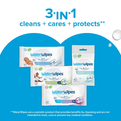 WaterWipes Sensitive+ Newborn & Baby Wipes, 720 Count (12 Packs), 3-In-1 Cleans, Cares, Protects, 99.9% Water, Unscented