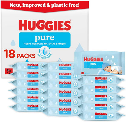 Huggies Pure Plastic Free Baby Wipes - Pack of 18 (864 Wipes) - 99% Water Wet Wipes, Fragrance Free, Hypoallergenic, Better Cleaning, Soft and Gentle on Babies' Delicate Skin