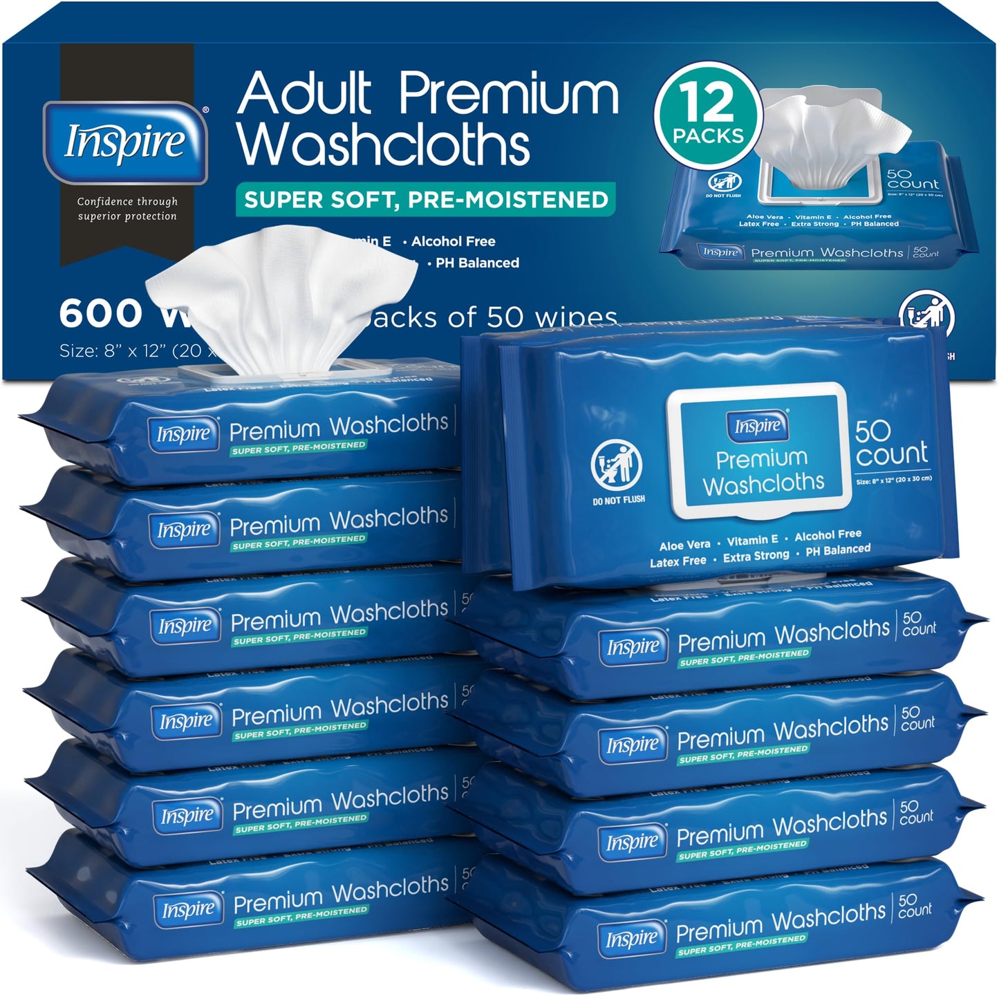 Inspire Adult Wet Wipes, Wash Cloths | Adult Wipes for Incontinence & Cleansing for Elderly, Fragrance-Free Premium Full Body Cleansing Washcloths (1 Count (Pack of 600))