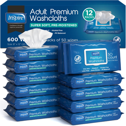 Inspire Adult Wet Wipes, Wash Cloths | Adult Wipes for Incontinence & Cleansing for Elderly, Fragrance-Free Premium Full Body Cleansing Washcloths (1 Count (Pack of 600))