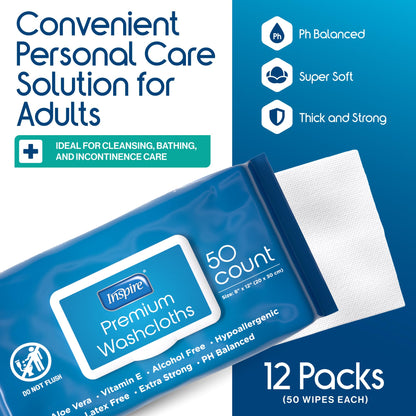 Inspire Adult Wet Wipes, Wash Cloths | Adult Wipes for Incontinence & Cleansing for Elderly, Fragrance-Free Premium Full Body Cleansing Washcloths (1 Count (Pack of 600))