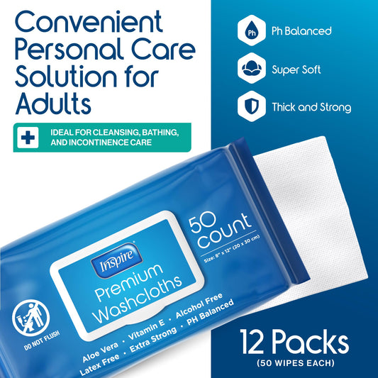 Inspire Adult Wet Wipes, Wash Cloths | Adult Wipes for Incontinence & Cleansing for Elderly, Fragrance-Free Premium Full Body Cleansing Washcloths (1 Count (Pack of 600))